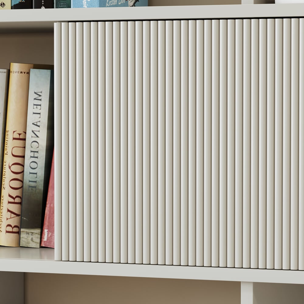 72.8" Warm White Sliding Door Etagere Bookshelf 5-Shelf Tall Book Shelf Rich Storage window image
