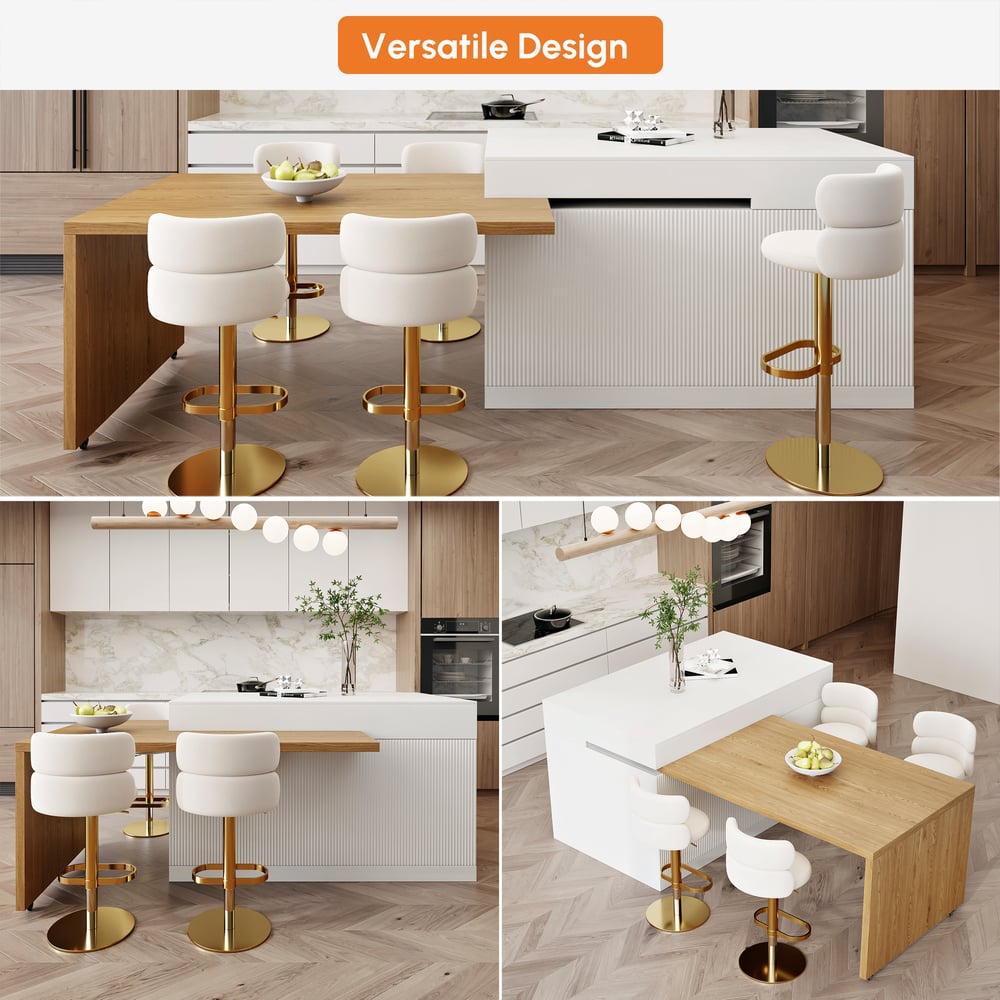 Îlot de cuisine extensible en bois de 81'' à 112'' avec rangement, Naturel et Blanc image de fenêtre