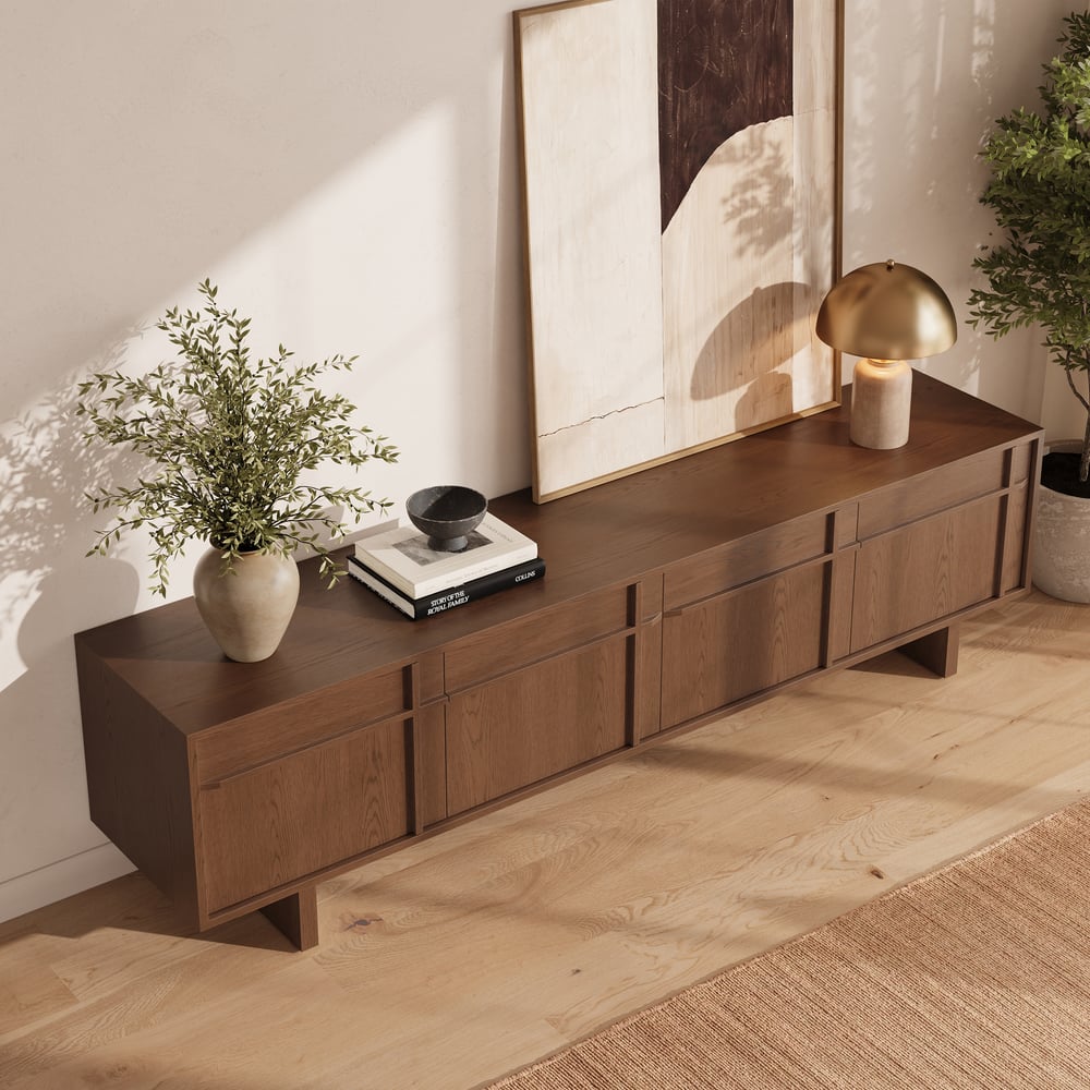 Panvyr 80" Ash Wood Walnut TV Stand with Storage window image