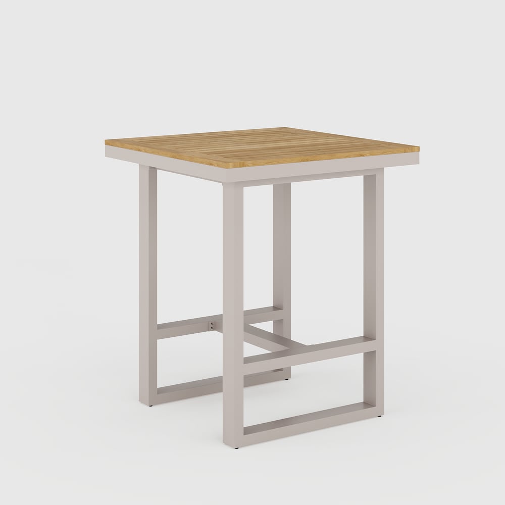 Tevara Outdoor Square Bar Table with Teak Wood Slat Top & Aluminum Frame in Sand window image