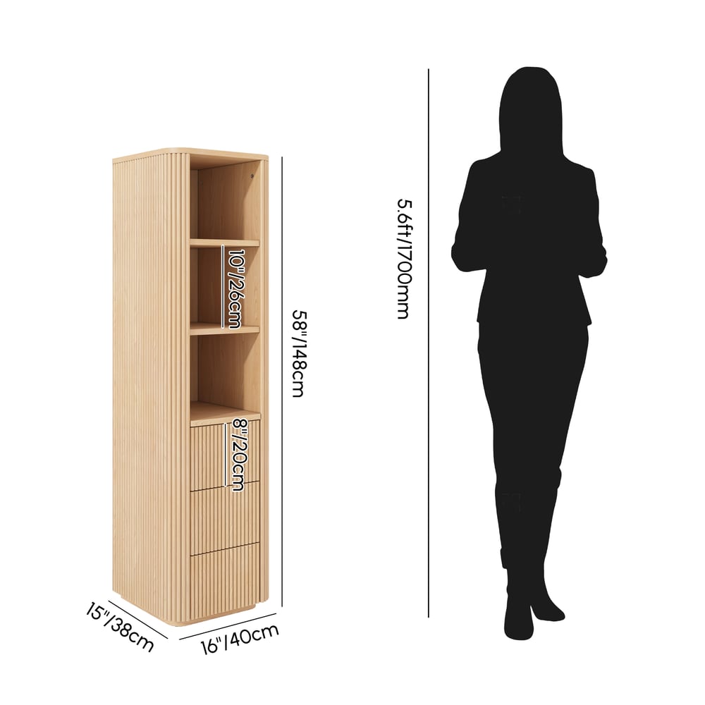 Fluted 58" Bathroom Linen Cabinet with 3 Drawers and Open Shelves weights dimensions image