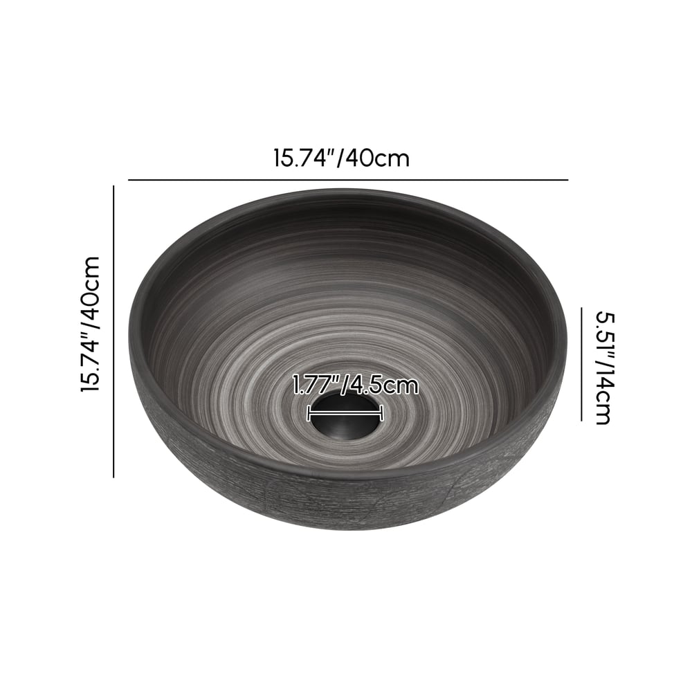 Vasque de salle de bain ronde en céramique grise de 40cm – évier à poser avec glaçure mate Poids, dimensions, image