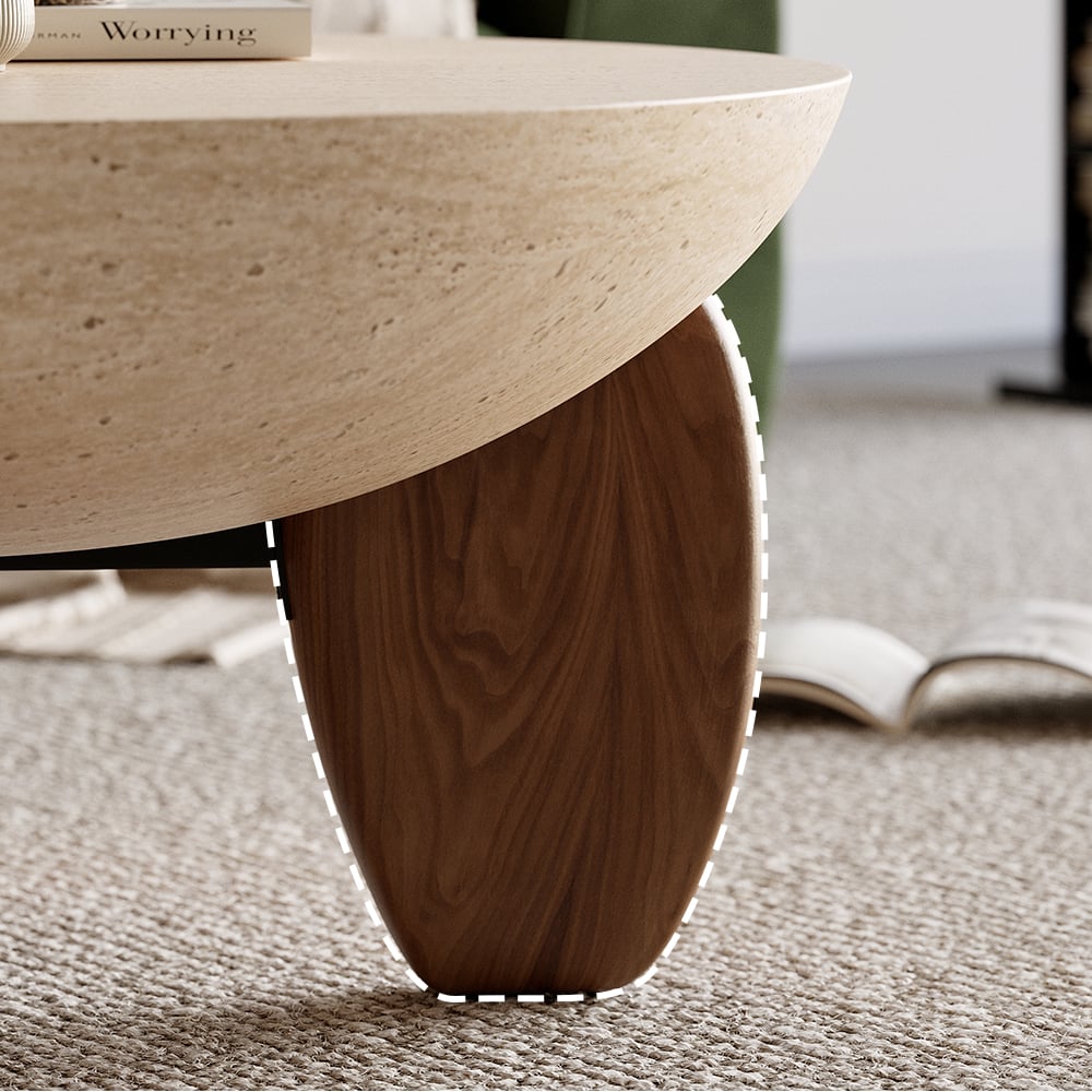 Table Basse Curva 76 cm Ronde en Béton Noyer avec Pieds en Bois image de fenêtre