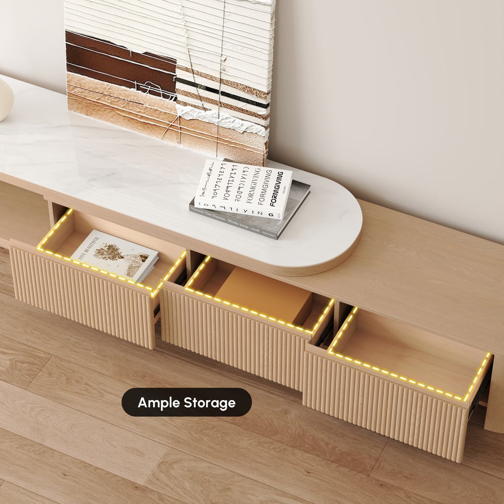 Velar 71"-114" Extendable Fluted TV Stand with Sintered Stone Top & 3 Drawers window image