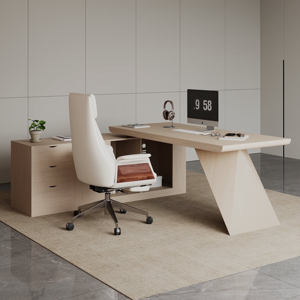 Escrivaninha executiva moderna em forma de L de 180 cm com acabamento em branco lavado e armazenamento, mão esquerda Imagem da janela