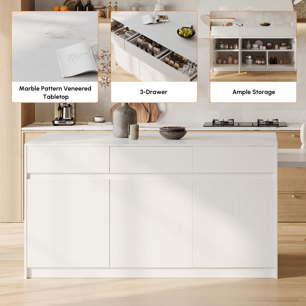 Modern 81"-112" Marble Pattern Kitchen Island with Doors & Drawers, White window image