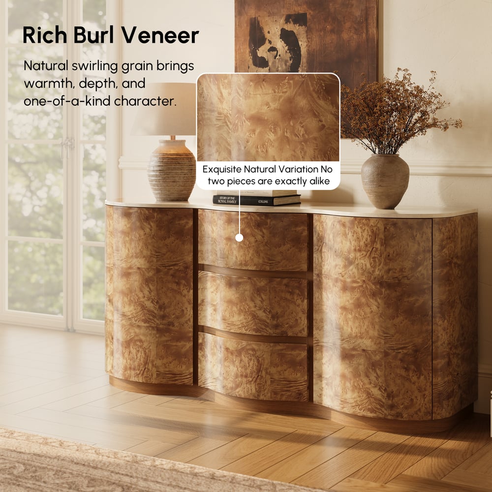 Modern 63" Burl Wood Sideboard with Sintered Stone Top window image