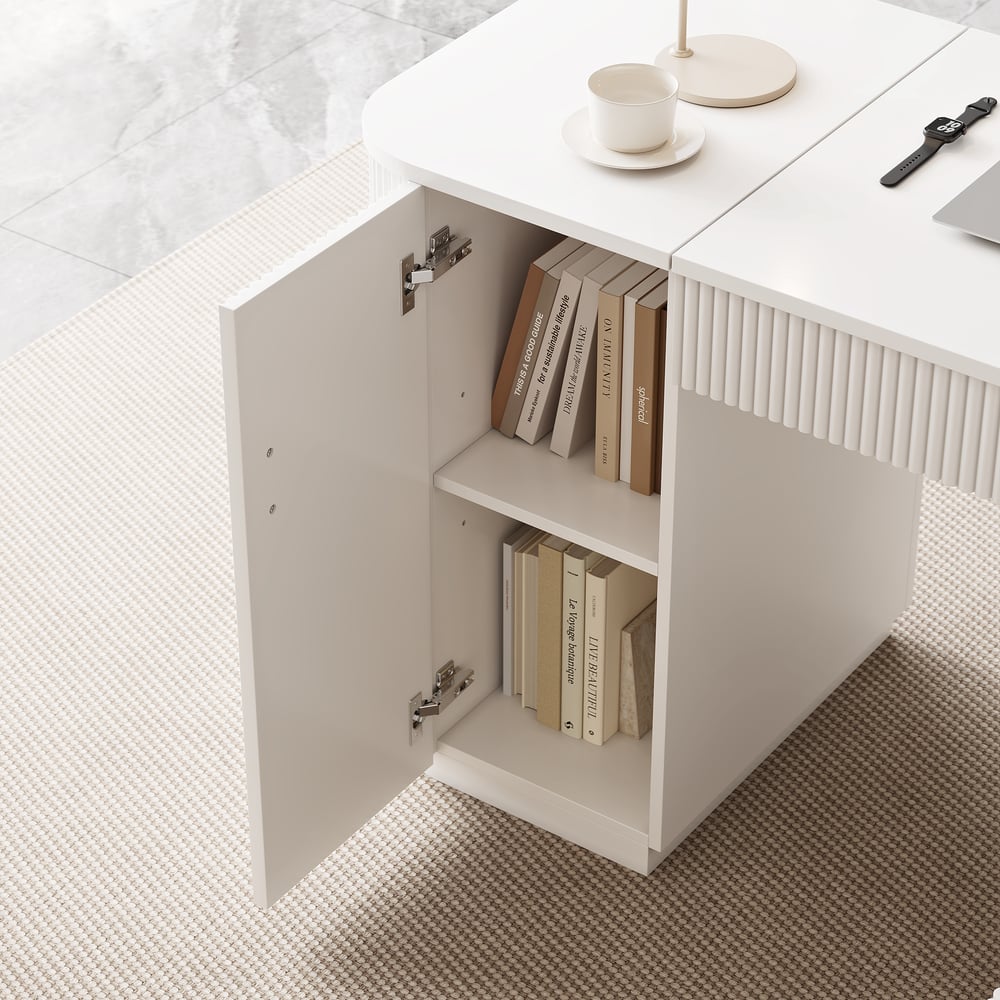 Velign 65" L-Shape White Executive Desk with Right-Side Cabinet window image