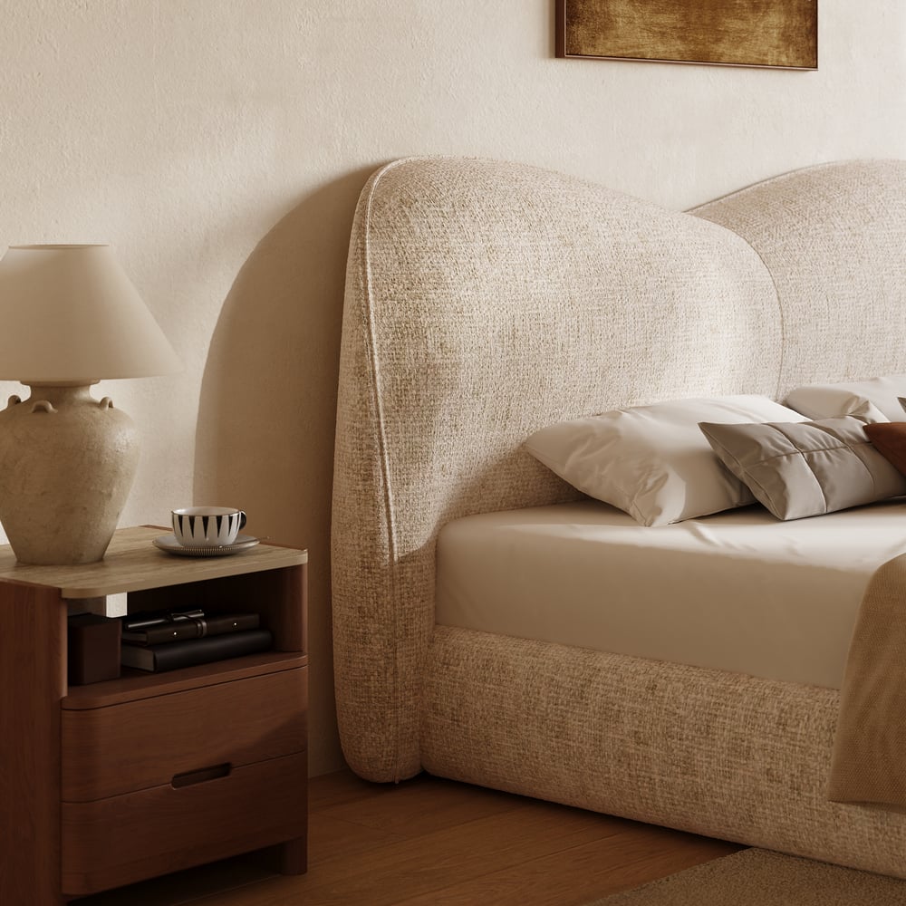 Modern King Size Chenille Upholstered Bed window image