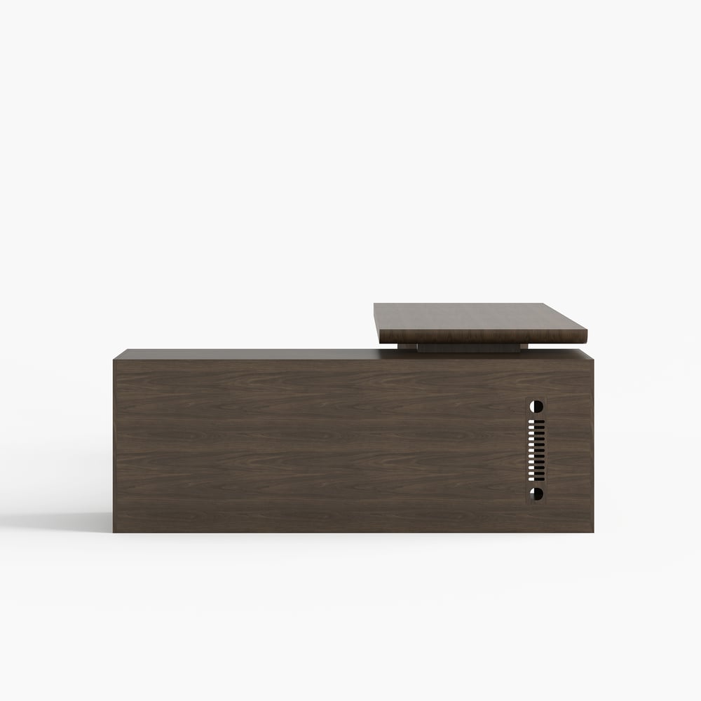 Modern 71" L-vormig directiebureau in gerookt bruin met kast aan de rechterkant Vensterafbeelding