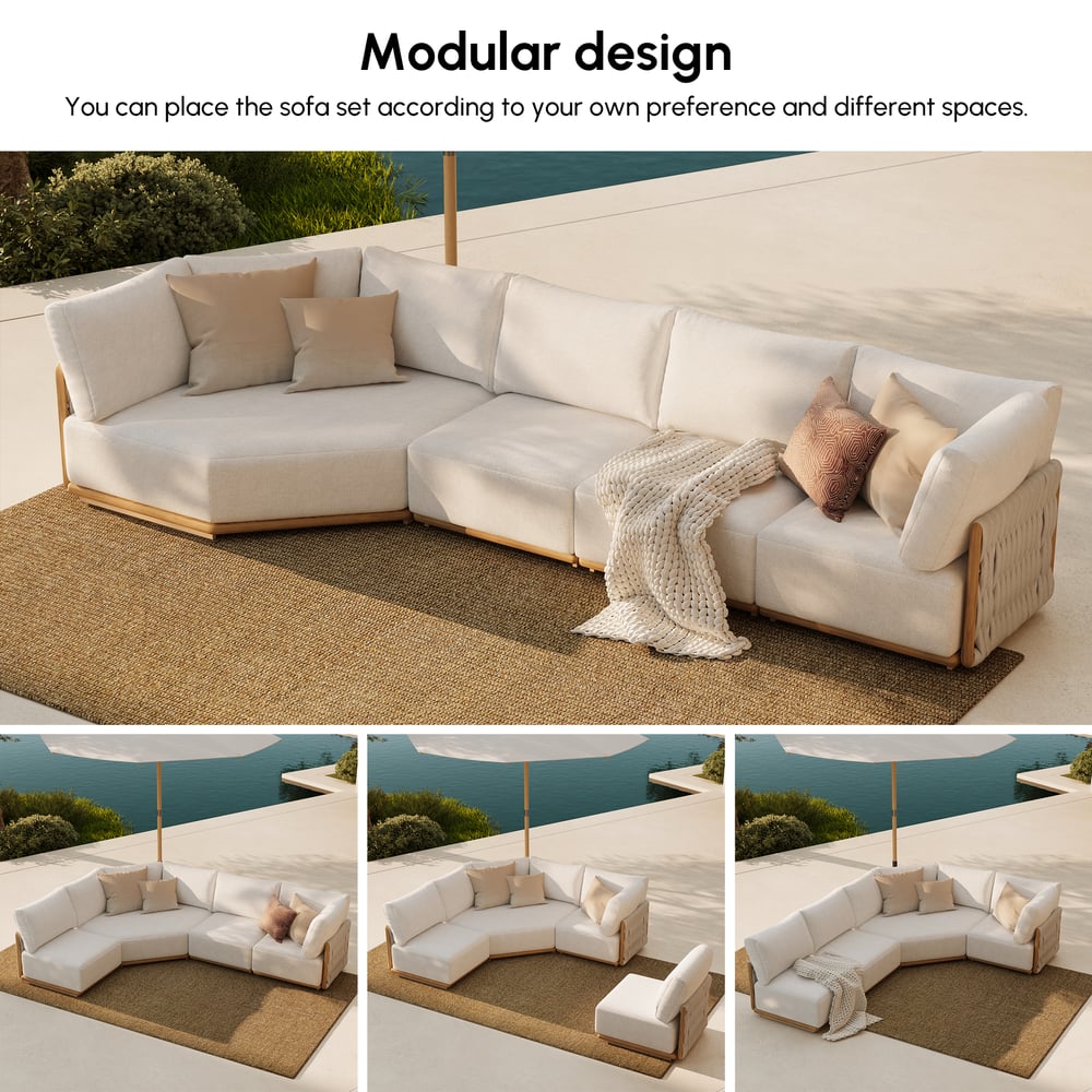 4-Piece Outdoor Teak & Aluminum Sectional Sofa Set with Chaise for 4 in Light Gray window image