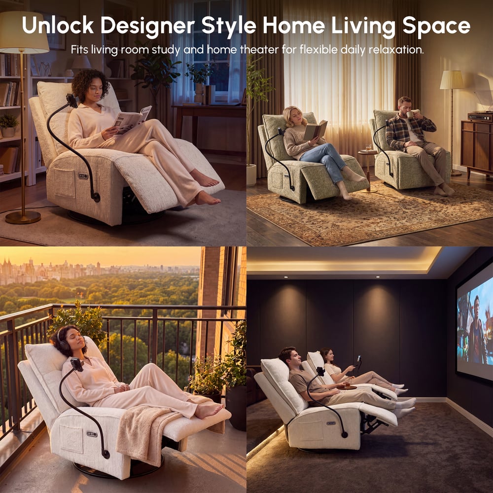 Performance Chenille Power Swivel Rocker Recliner Accent Chair with Phone Holder window image