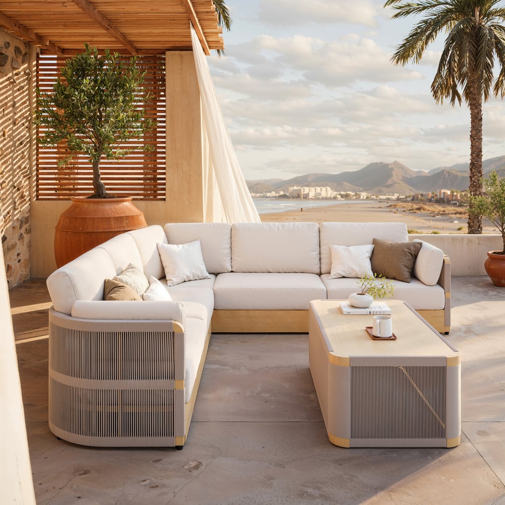 Costra Handwoven Rope L-Shaped Outdoor Sofa with Coffee Table in Ivory window image