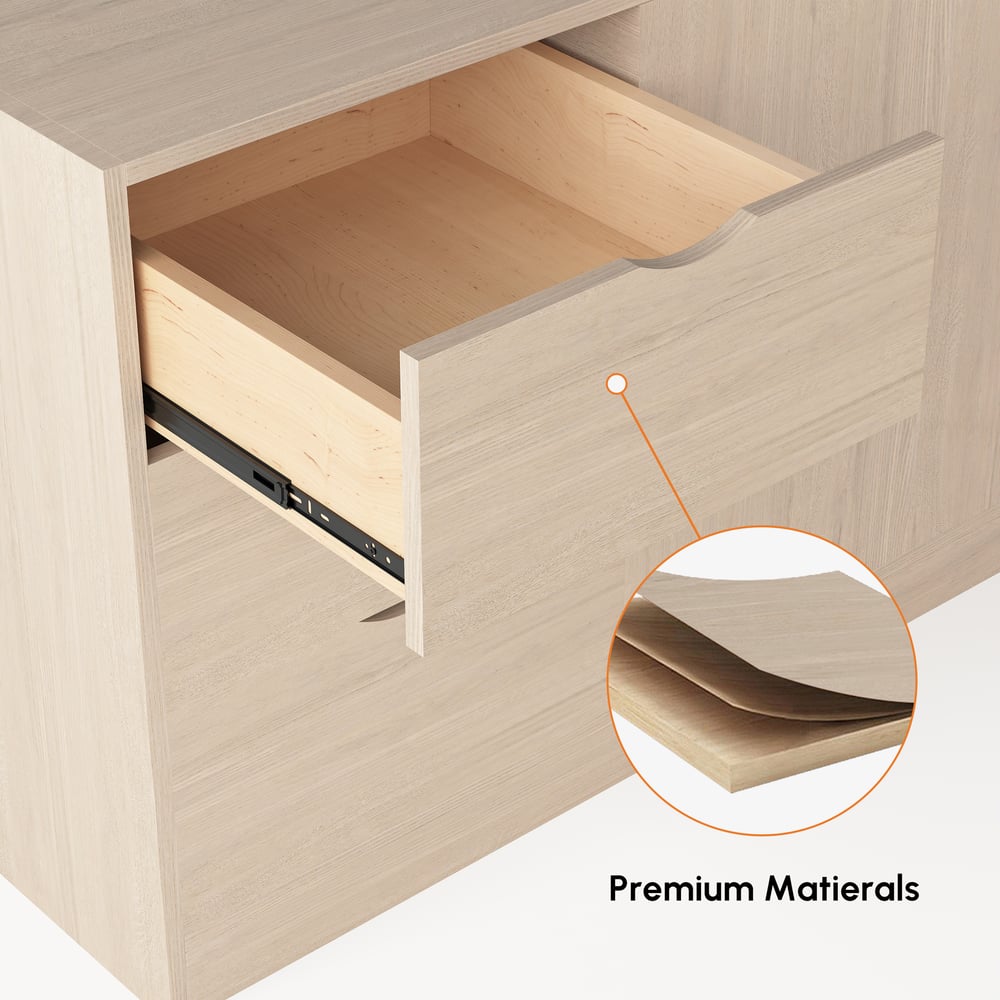 Escrivaninha executiva moderna em forma de L de 180 cm com acabamento em branco lavado e armazenamento, mão esquerda Imagem da janela