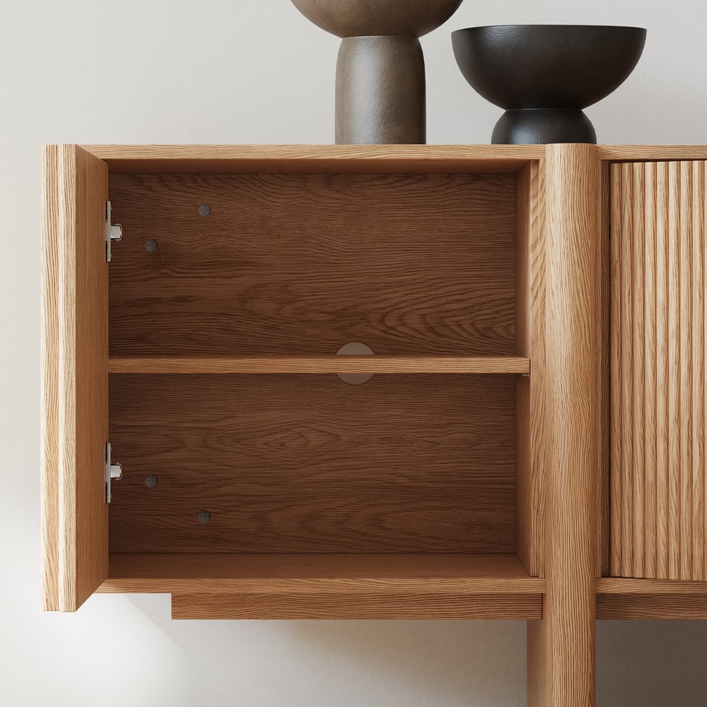 80" Solid Wood Fluted Natural TV Stand with Cabinets window image