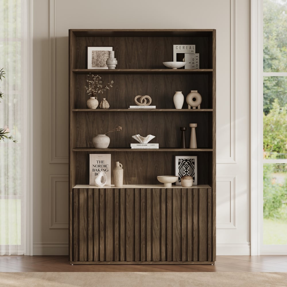Aura 47" Ash Wood Fluted Bookcase With Sintered Stone Top window image