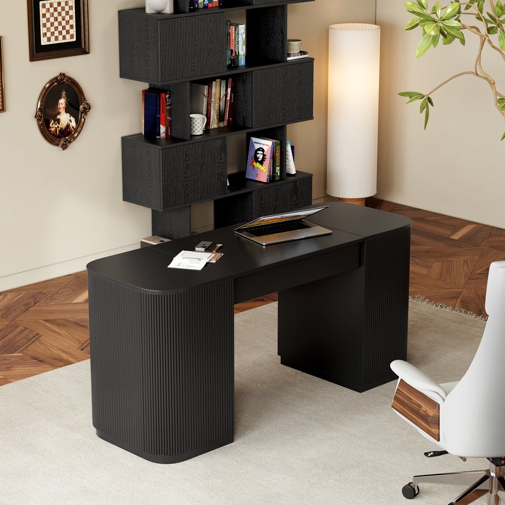 72.8" Black Sliding Door Etagere Bookshelf 5-Shelf Tall Book Shelf Rich Storage window image