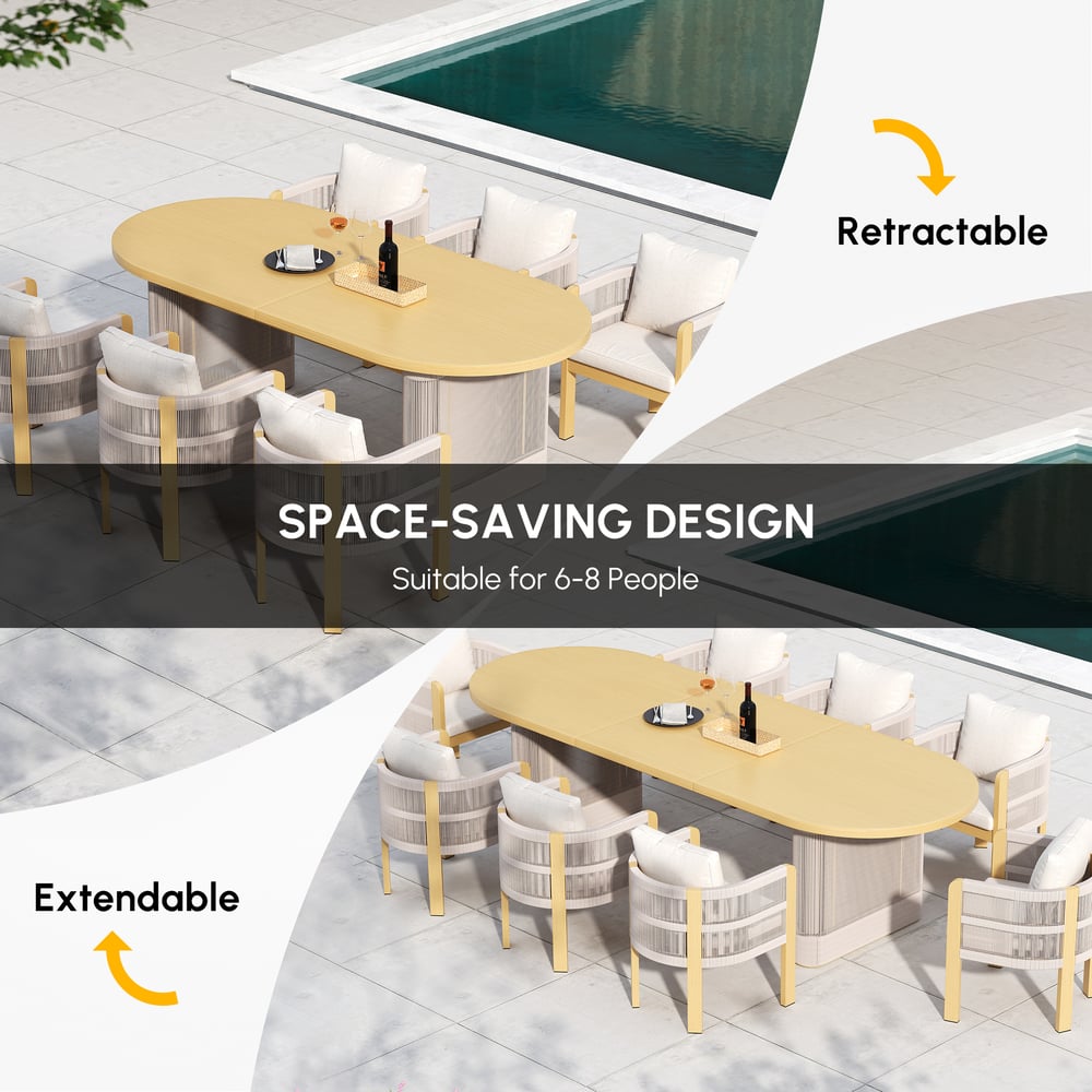 Costra 9-Piece Outdoor Aluminum & Rope Extendable Dining Set with 8 Chairs window image
