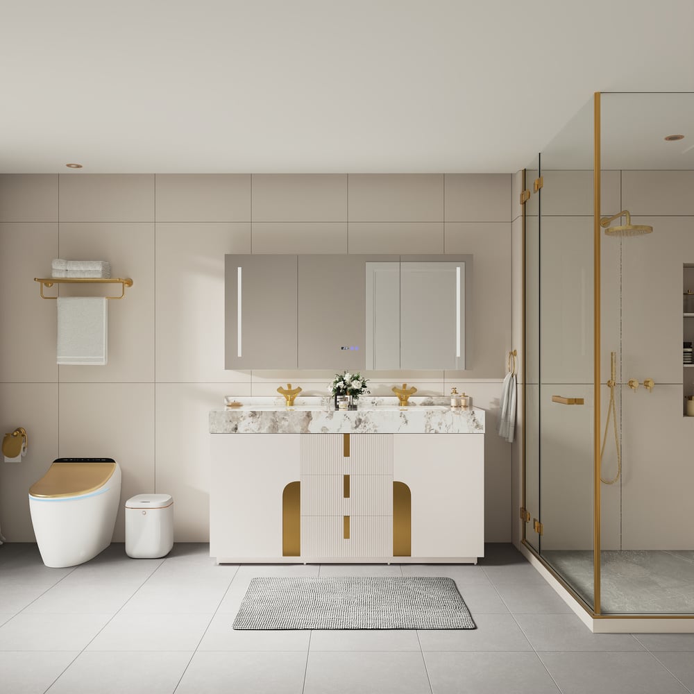 Tocador de baño doble flotante Artis de 60 pulgadas con lavabo, encimera de piedra sinterizada, amplio almacenamiento Imagen de ventana