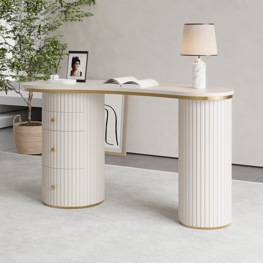 Warm White Curved Wooden Office Desk & Adjustable Swivel Executive Chair in Beige & Gold window image