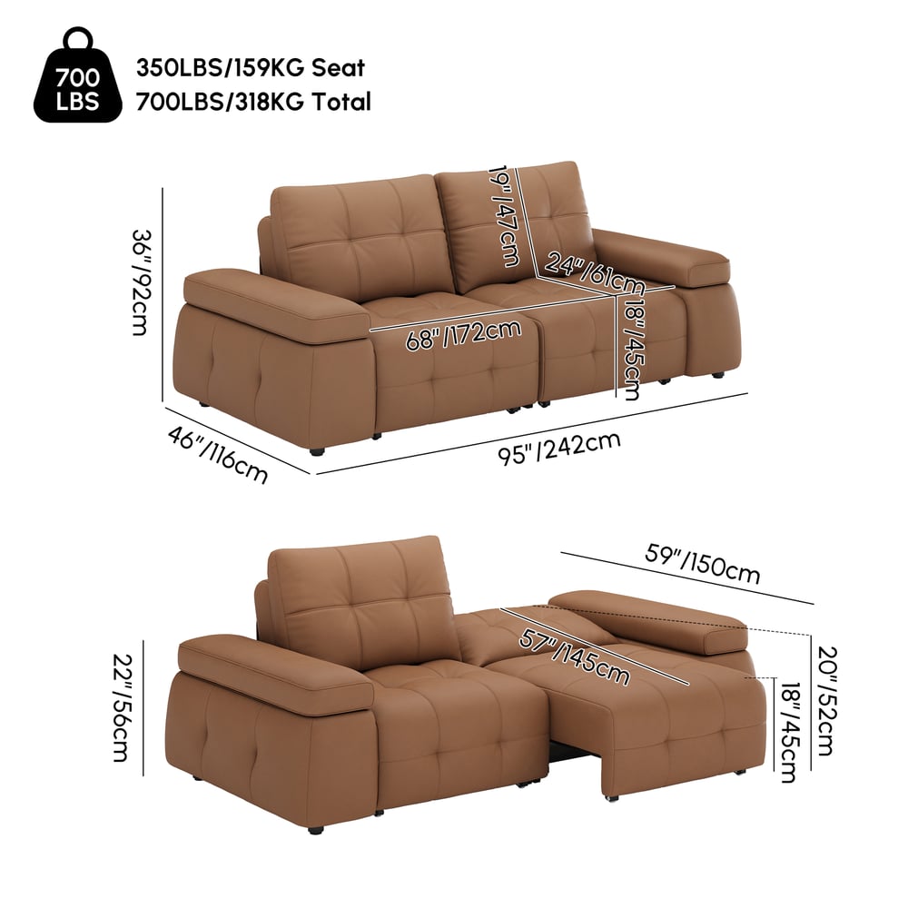 95" 2-Seater Genuine Leather Power Convertible Sleeper Sofa with adjustable armrests weights dimensions image