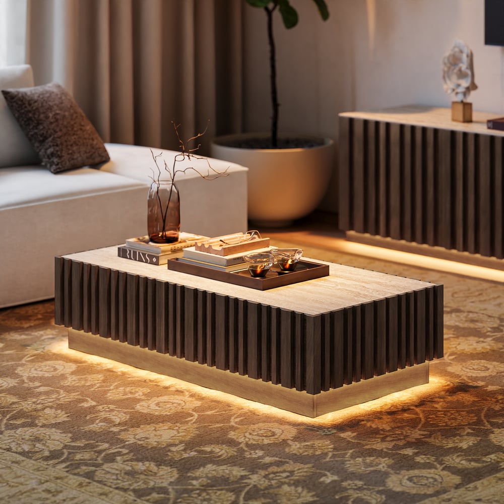 Aura 47" Ash Wood Slatted Coffee Table with Sintered Stone Top window image