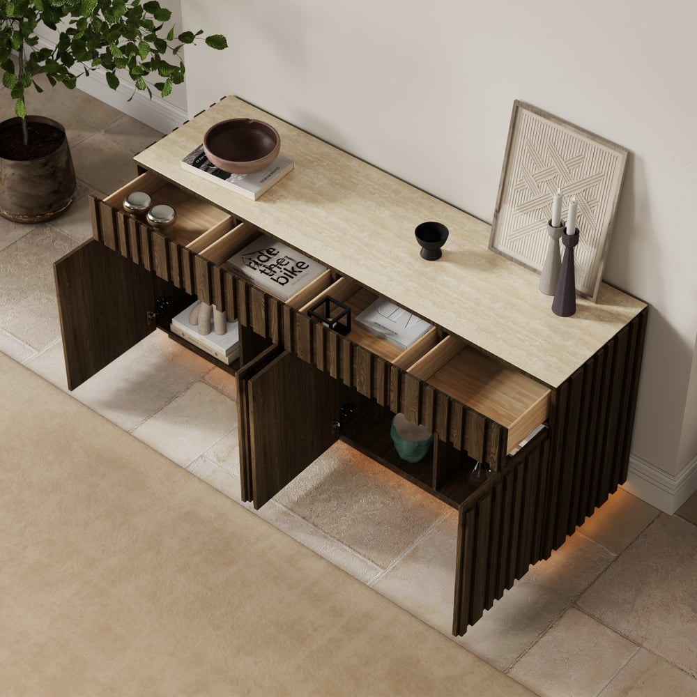 Aura 65" Ash Wood Slatted TV Stand with Sintered Stone Top window image