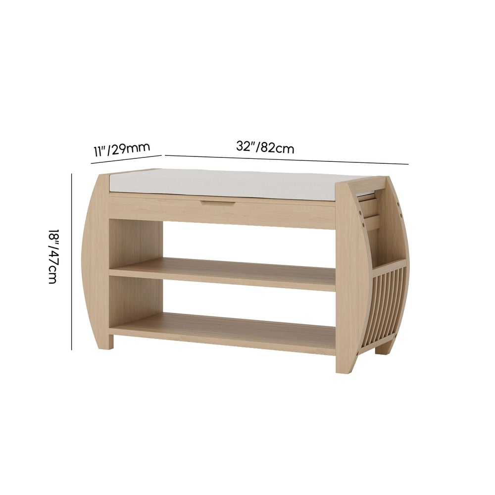 Banc d'entrée de rangement pour chaussures en placage de bois blanchi de 32 pouces avec porte-chaussures Poids, dimensions, image