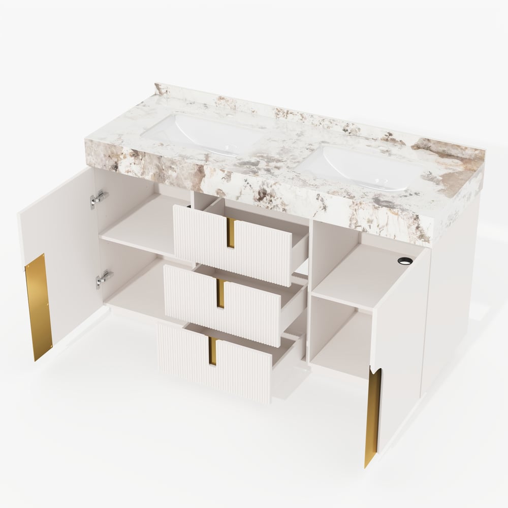 Tocador de baño doble flotante Artis de 60 pulgadas con lavabo, encimera de piedra sinterizada, amplio almacenamiento Imagen de ventana