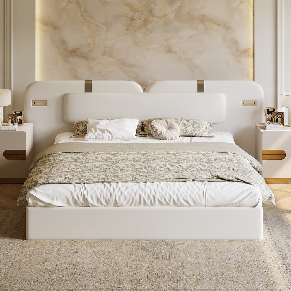 Modern King Size Faux Leather Bed with Wide Headboard Bed & Integrated Lighting window image