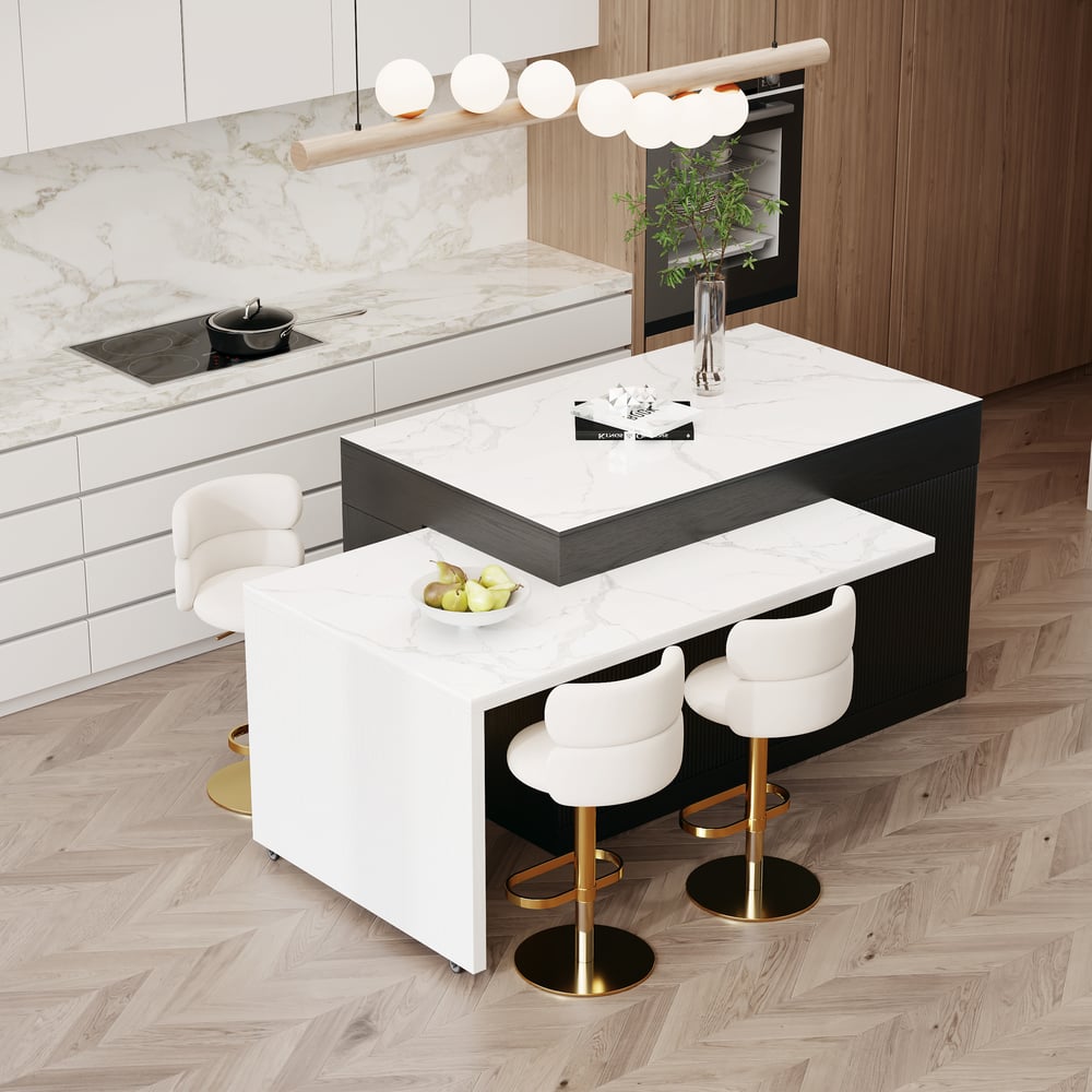 81"–112" Modern Extendable Glossy Sintered Stone Kitchen Island with Storage, White & Black window image