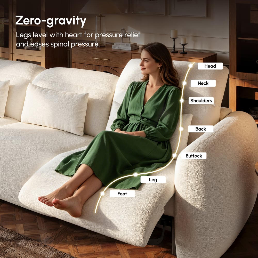 Canapé inclinable électrique 3 places de 312cm en chenille avec gravité zéro, coussins et port USB image de fenêtre