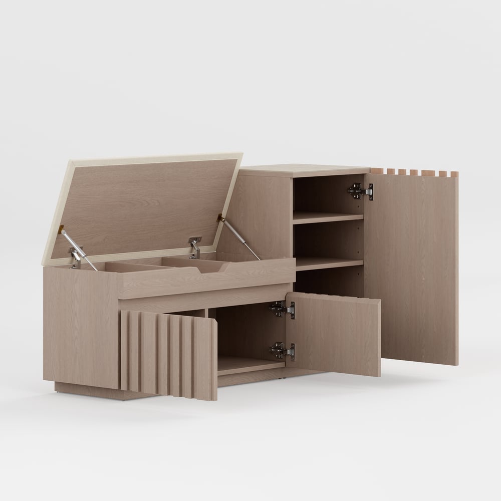 Banc de rangement pour chaussures en bois Aura 47 po avec armoire sur le côté droit pour l'entrée image de fenêtre
