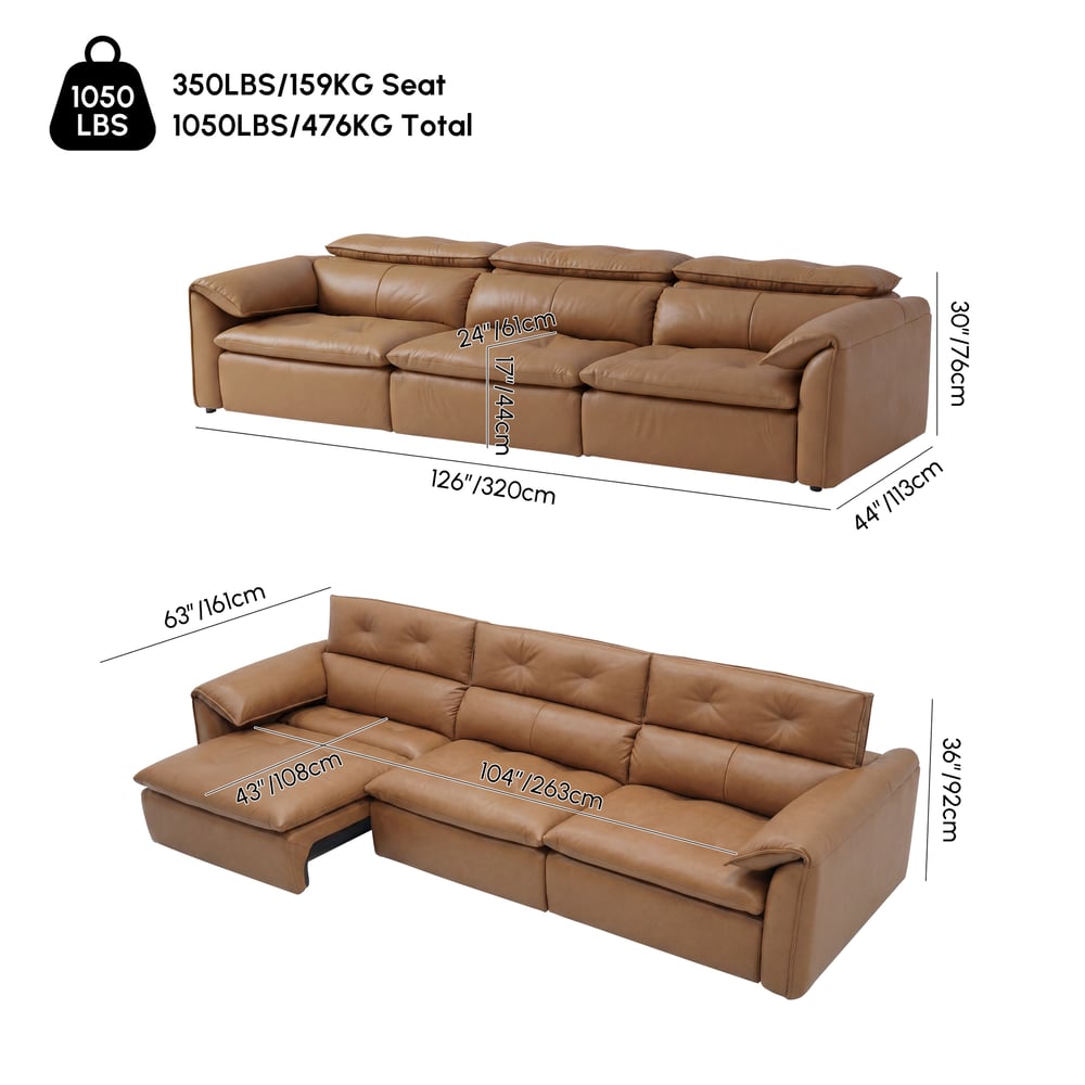 126" 3-Seater Genuine Leather Power Convertible Sleeper Sofa weights dimensions image