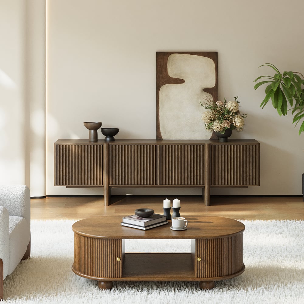 Lineva 80" Solid Wood Fluted Smoked Brown TV Stand with Cabinets window image