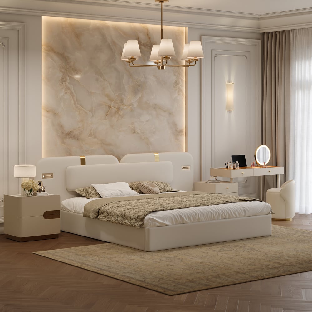 Selva Oatmeal Saddle Leather LED-Makeup Vanity Set with Charing Station and Mirror window image