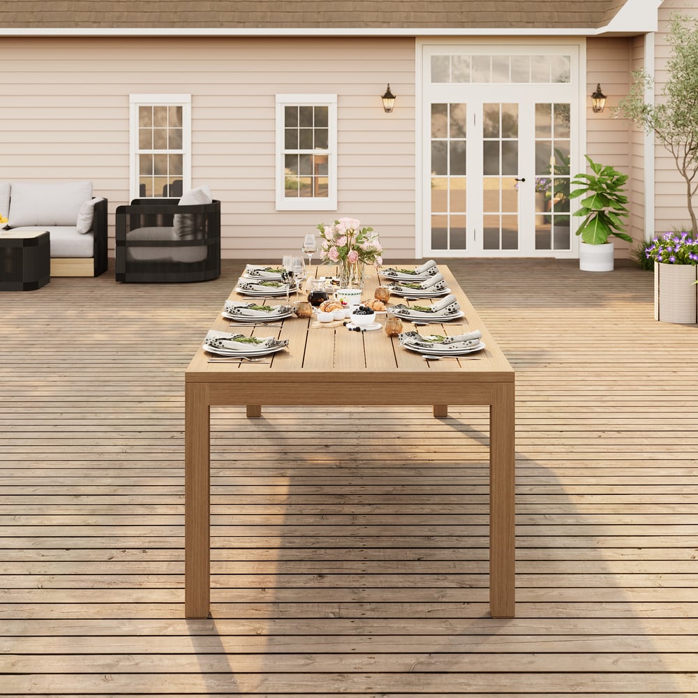 Wevara 104" Walnut-Finished Aluminum Slatted Outdoor Dining Table window image