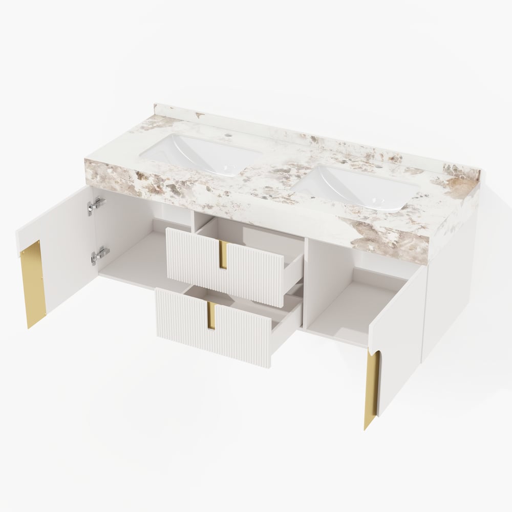 Artis 152 cm Meuble de salle de bain flottant double vasque avec plateau en pierre frittée image de fenêtre