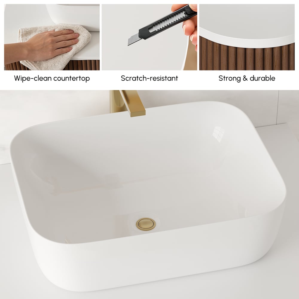 80cm Fluted Freestanding Bathroom Vanity with Vessel Sink, 3-Drawers, Sintered Stone top window image