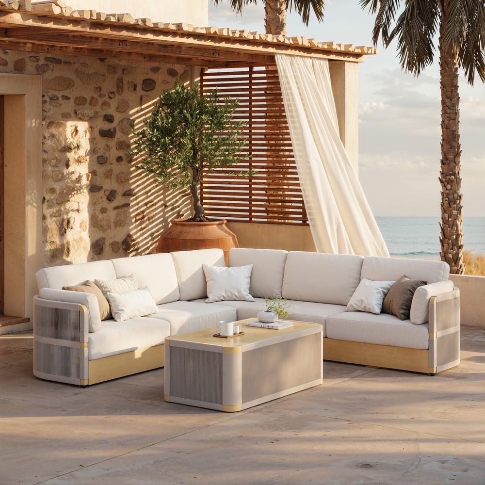 Costra Handwoven Rope L-Shaped Outdoor Sofa with Coffee Table in Ivory window image