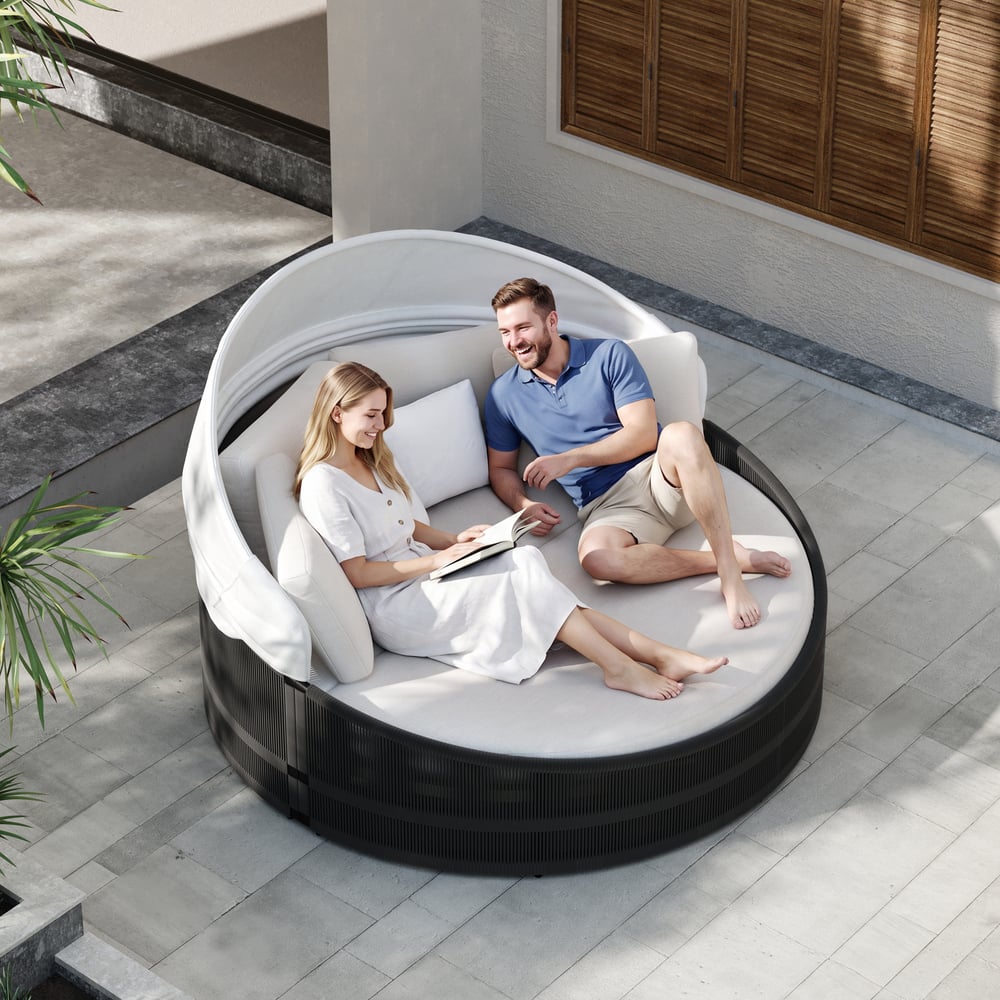 Costra Weatherproof Round Patio Daybed with Adjustable Canopy in Black window image