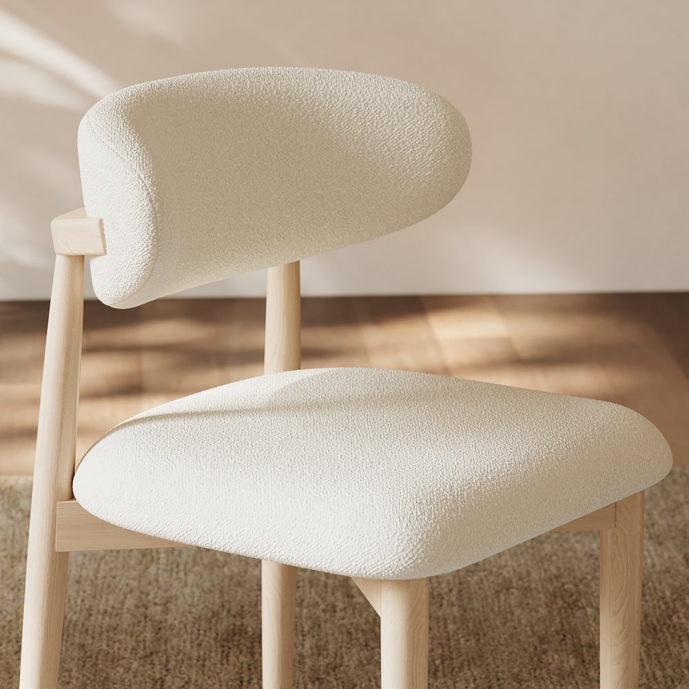 Cadeira de jantar moderna Boucle com pernas de madeira de borracha lavadas a branco, 1 peça Imagem da janela