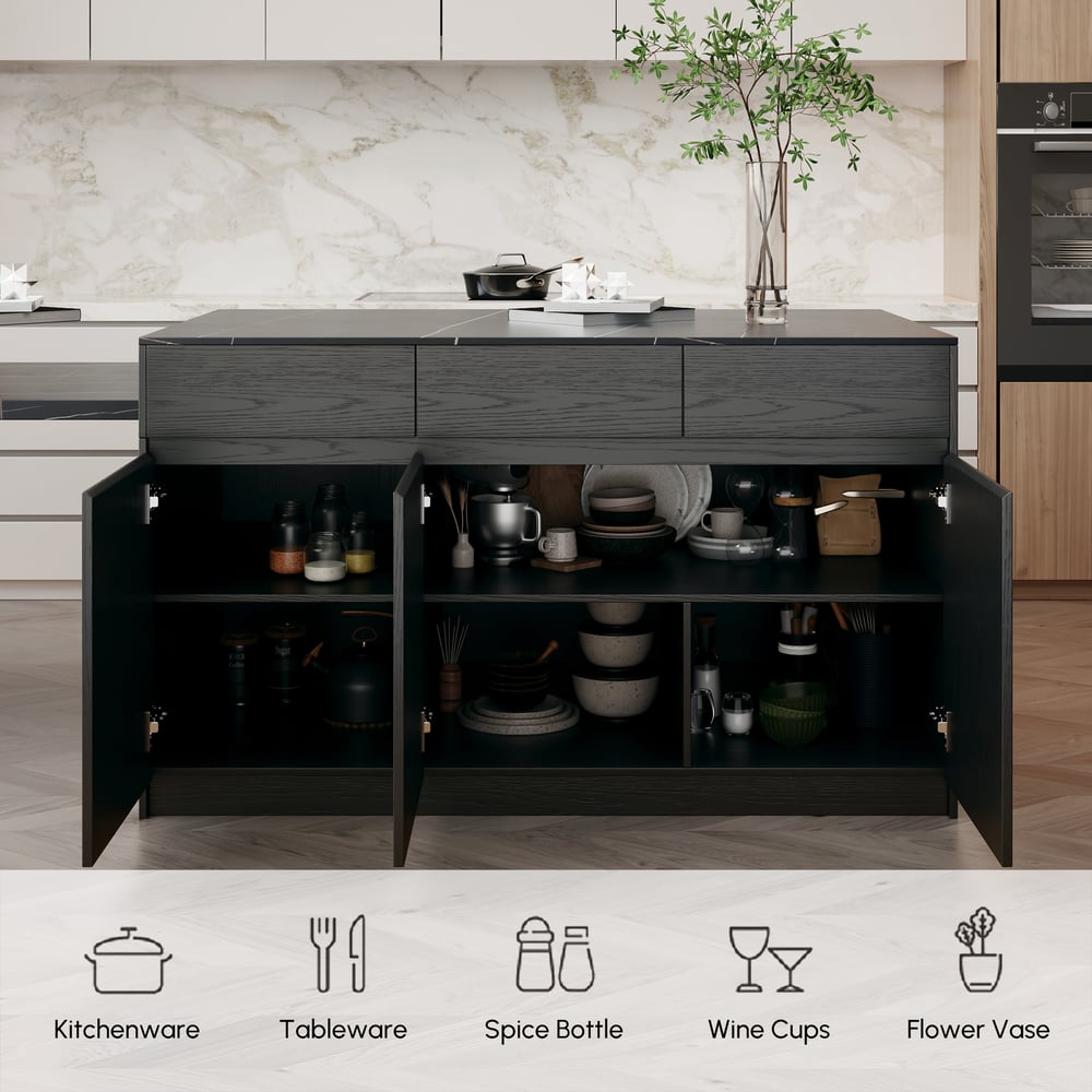 Îlot de cuisine en bois extensible de 81 à 112 pouces avec rangement, noir image de fenêtre