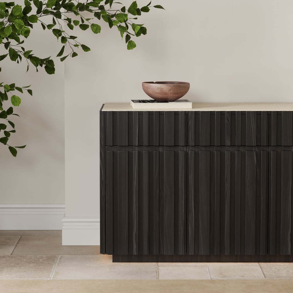 Aura 65" Ash Wood Slatted Black TV Stand with Sintered Stone Top window image