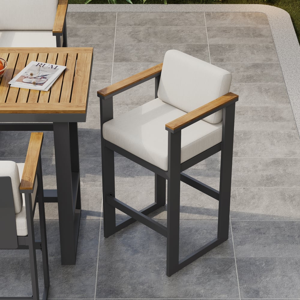 Tevara Teakhouten Moderne Outdoor Bar Set Donkergrijs Frame & Warm Wit Kussen Vensterafbeelding