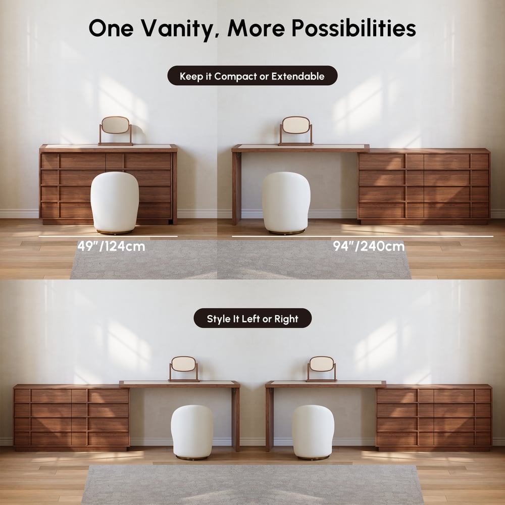 Panvyr Wooden Extendable L-Shaped Makeup Vanity Dresser with Vanity Mirror (49"–94") window image
