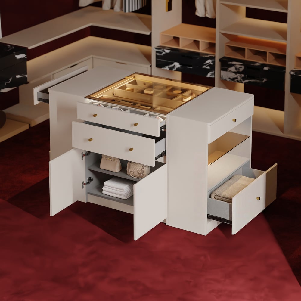 Selvo Saddle Leather Glass Top Closet Island with Storage, Light and Jewelry Display window image