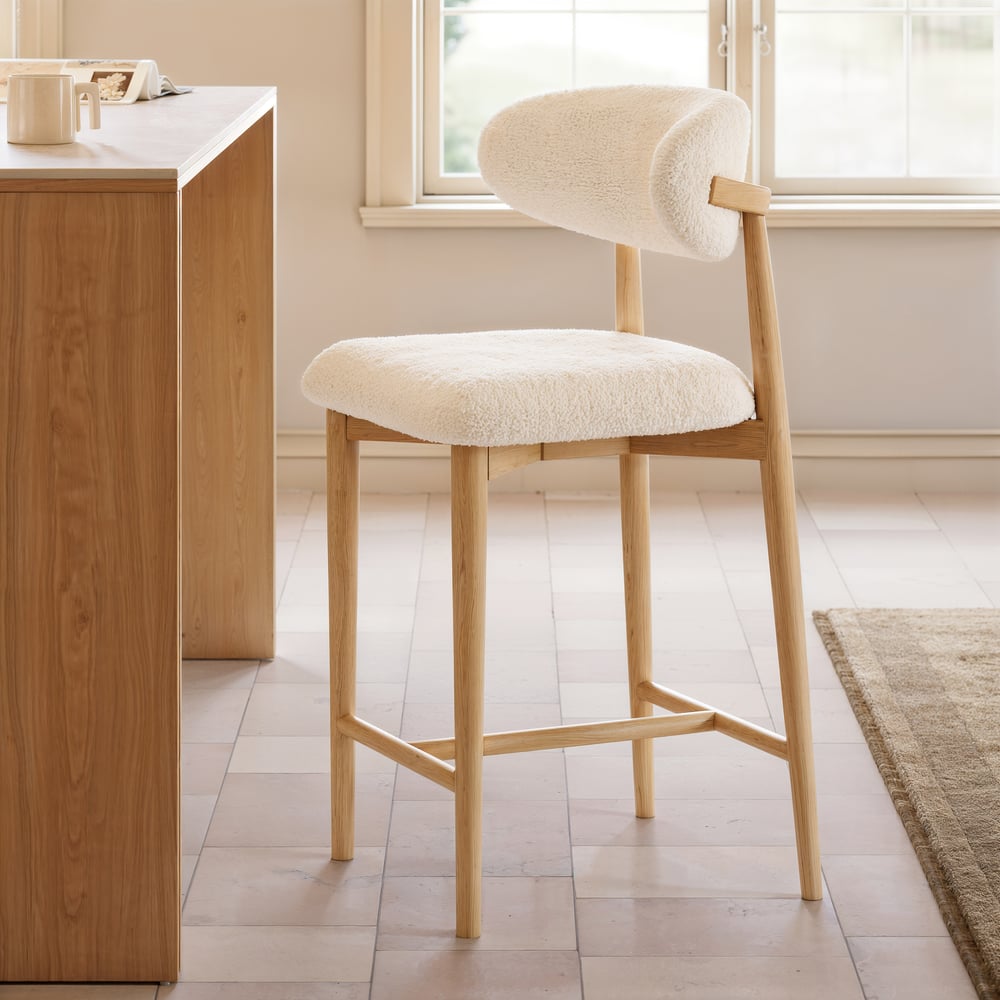 Modern Warm White Boucle Counter Stool with Natural Rubber Wood Legs, 1 Piece window image