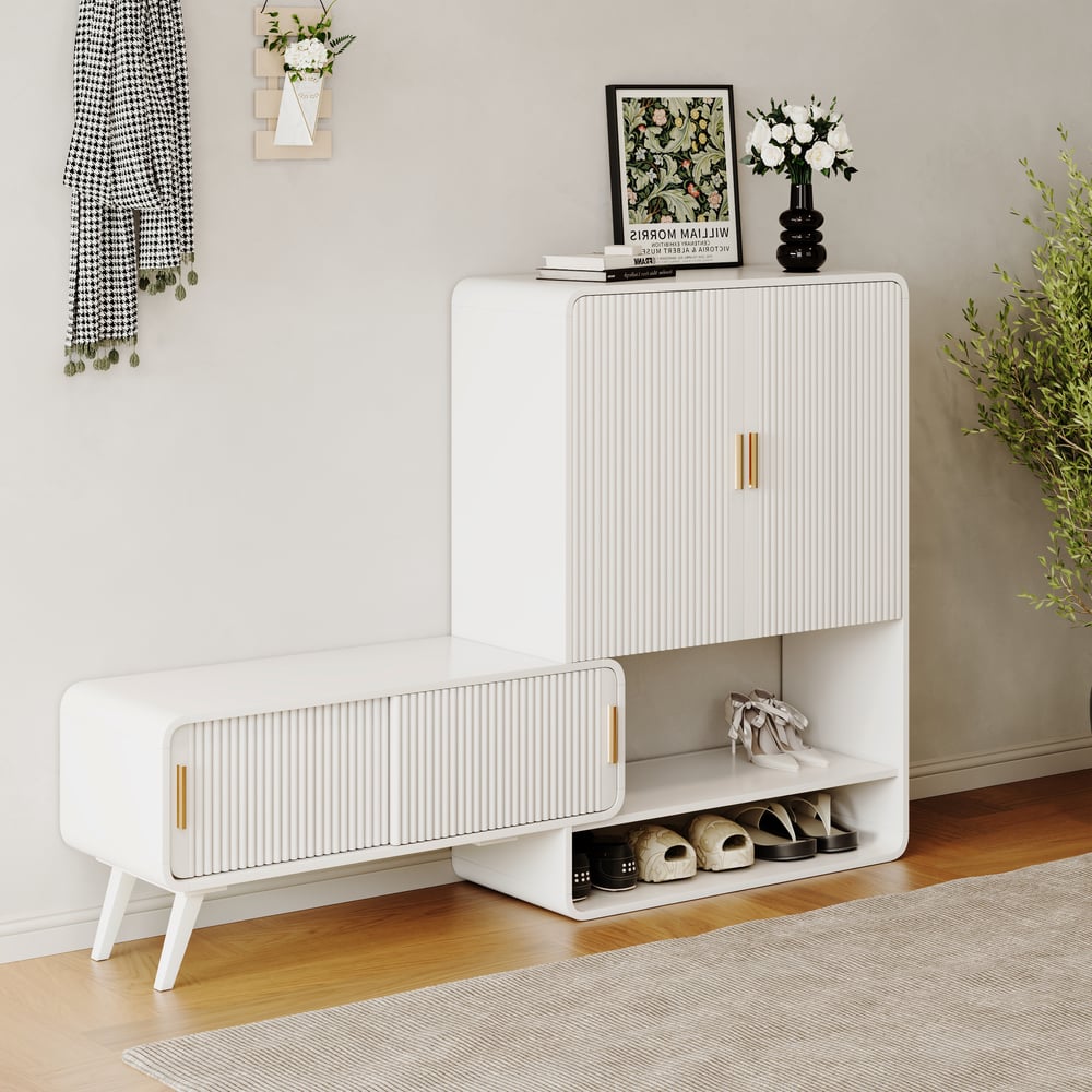 37" Warm White Shoe Storage Fluted Entryway Cabinet,Left Hand window image