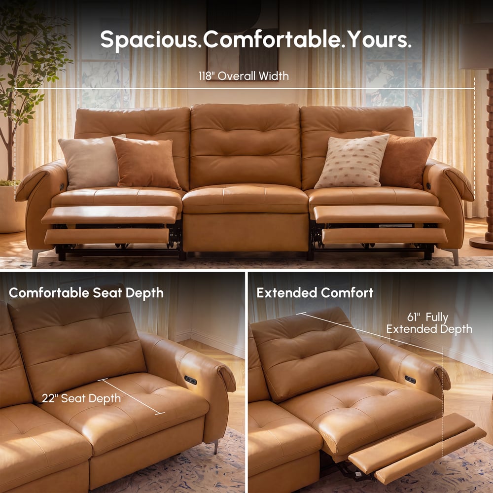 118" 3-Seater Genuine Leather Power Reclining Sofa with USB & Type-C window image